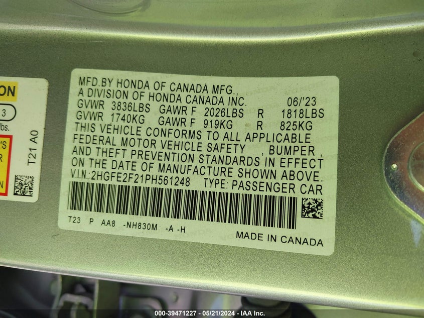 VIN 2HGFE2F21PH561248 2023 HONDA CIVIC LX