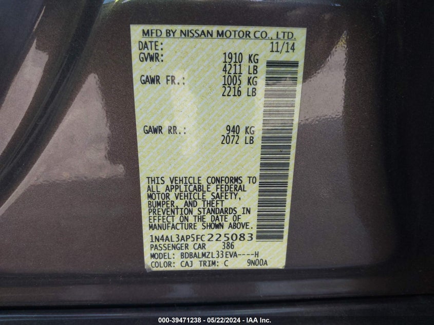 2015 Nissan Altima 2.5 Sv VIN: 1N4AL3AP5FC225083 Lot: 39471238