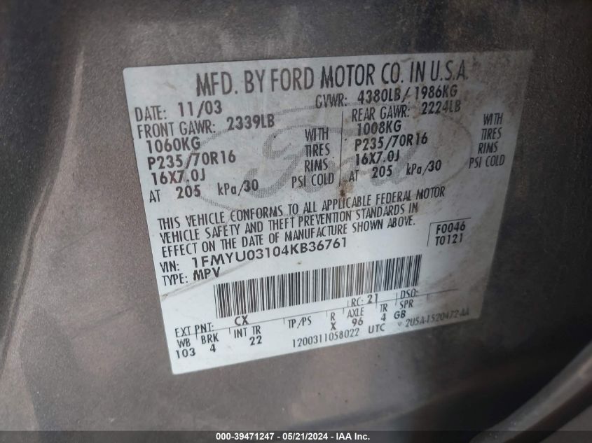 2004 Ford Escape Xlt VIN: 1FMYU03104KB36761 Lot: 39471247