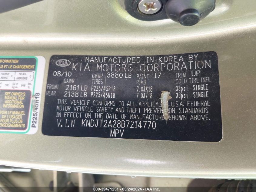 2011 Kia Soul ! VIN: KNDJT2A28B7214770 Lot: 39471251
