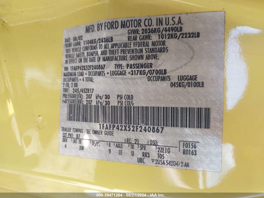 2002 Ford Mustang Gt VIN: 1FAFP42X52F240867 Lot: 39471264