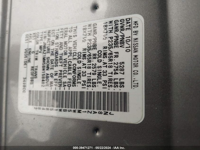 2011 Nissan Murano Sl VIN: JN8AZ1MW5BW158482 Lot: 39471271