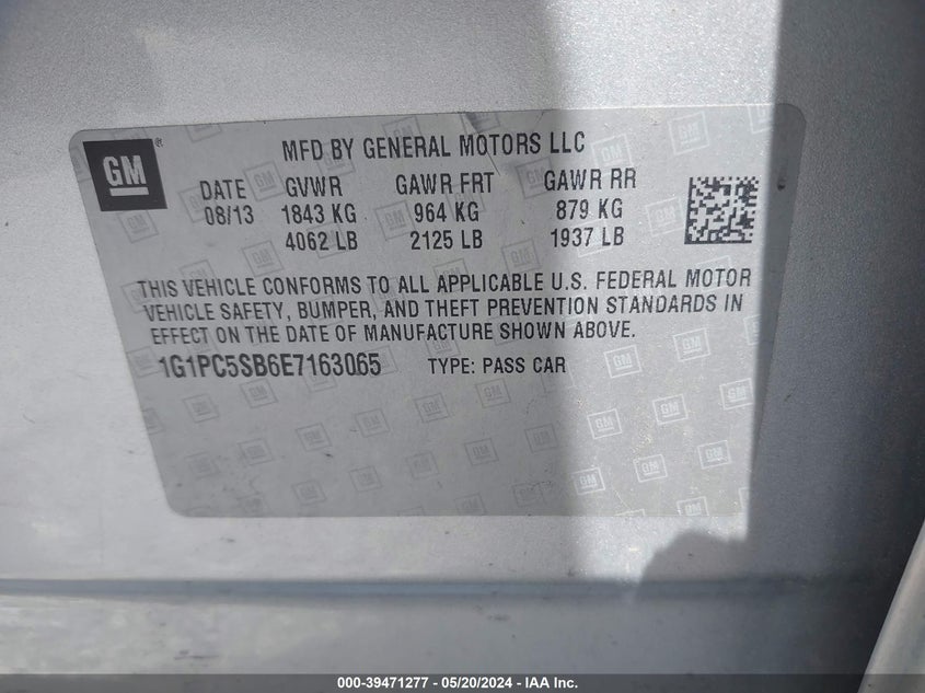 2014 CHEVROLET CRUZE VIN: 1G1PC5SB6E7163065