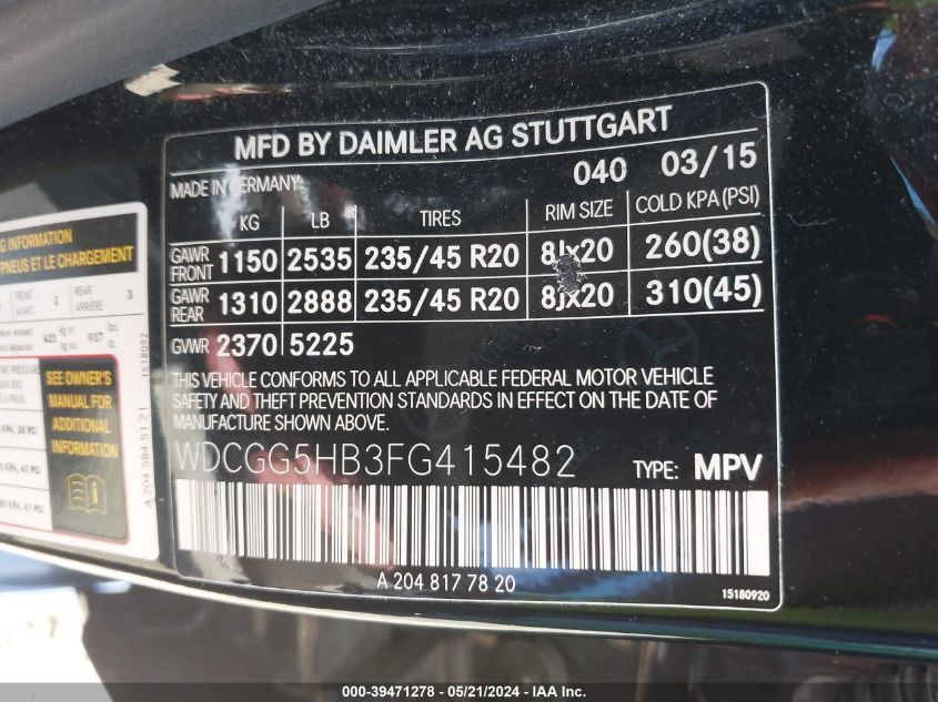 WDCGG5HB3FG415482 2015 Mercedes-Benz Glk 350