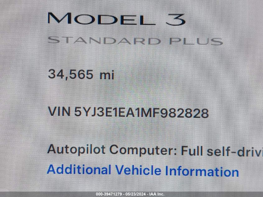 2021 Tesla Model 3 Standard Range Plus Rear-Wheel Drive VIN: 5YJ3E1EA1MF982828 Lot: 39471279