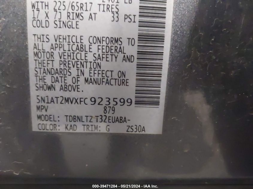 2015 Nissan Rogue Sv VIN: 5N1AT2MVXFC923599 Lot: 39471284