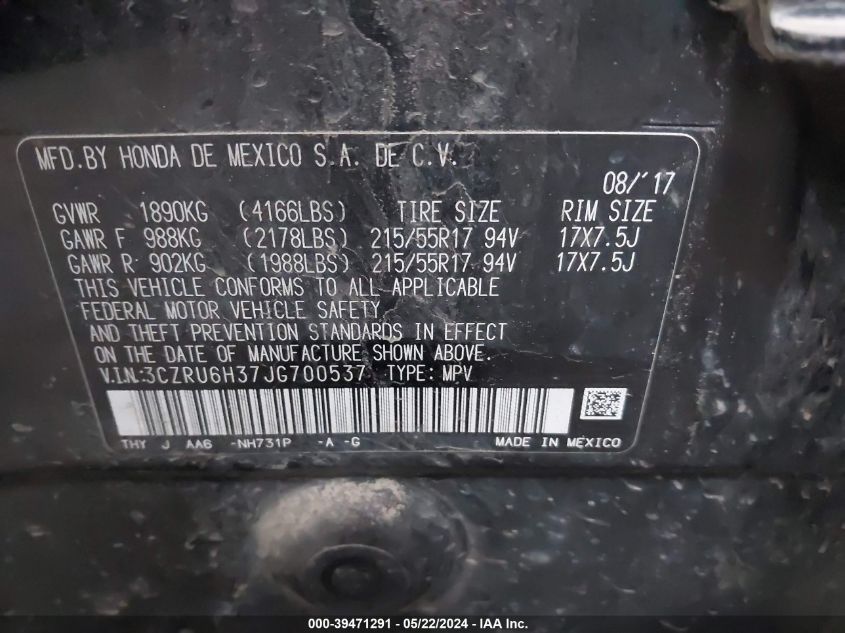 2018 Honda Hr-V Lx VIN: 3CZRU6H37JG700537 Lot: 39471291