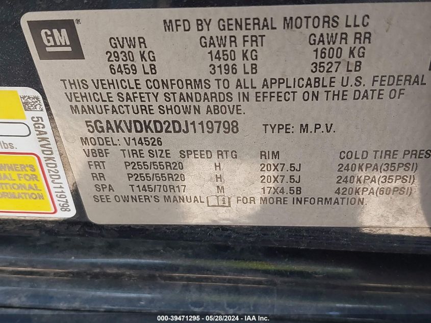 2013 Buick Enclave Premium VIN: 5GAKVDKD2DJ119798 Lot: 39471295