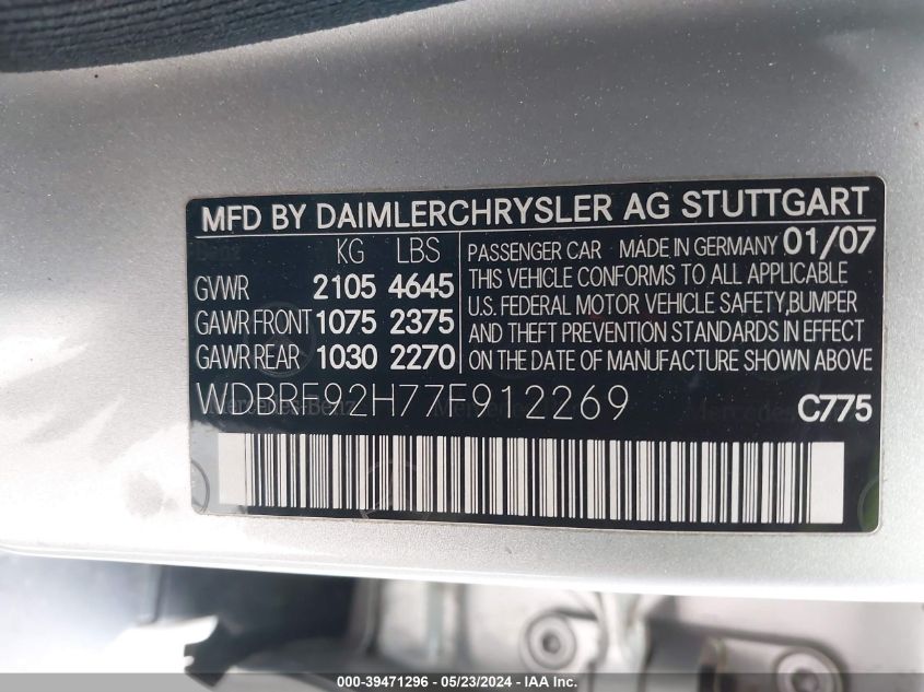 2007 Mercedes-Benz C 280 Luxury 4Matic VIN: WDBRF92H77F912269 Lot: 39471296