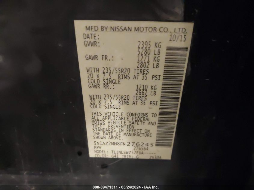 2015 Nissan Murano Platinum/S/Sl/Sv VIN: 5N1AZ2MH8FN276245 Lot: 39471311