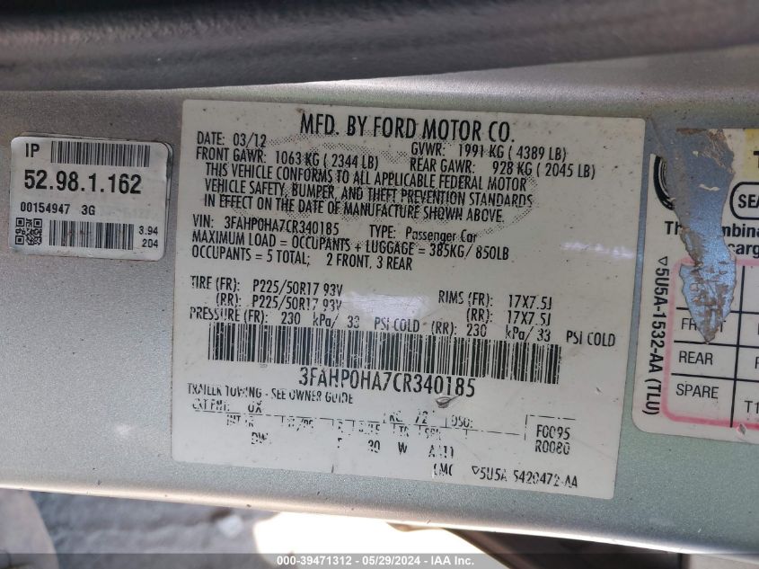 2012 Ford Fusion Se VIN: 3FAHP0HA7CR340185 Lot: 39471312