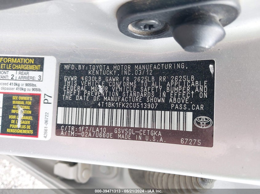 2012 Toyota Camry Xle V6 VIN: 4T1BK1FK2CU513907 Lot: 39471313