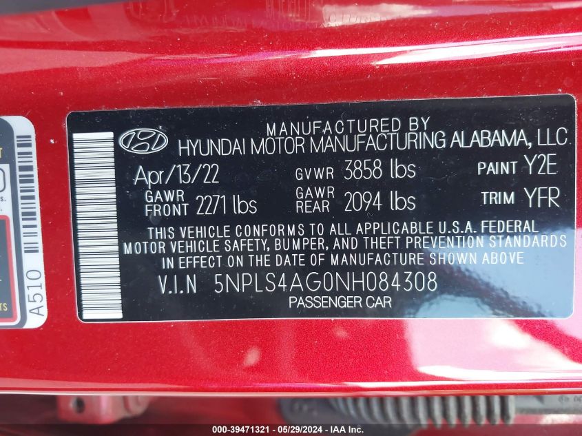 2022 Hyundai Elantra Sel VIN: 5NPLS4AG0NH084308 Lot: 39471321