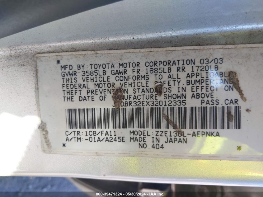 2003 Toyota Corolla Ce/Le VIN: JTDBR32EX32012335 Lot: 39471324