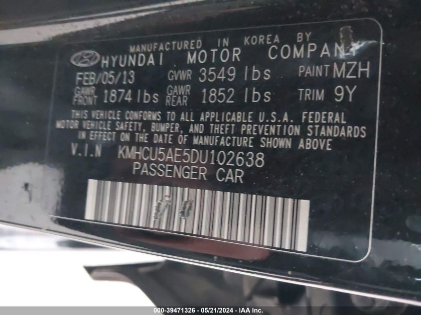 2013 Hyundai Accent Se VIN: KMHCU5AE5DU102638 Lot: 39471326