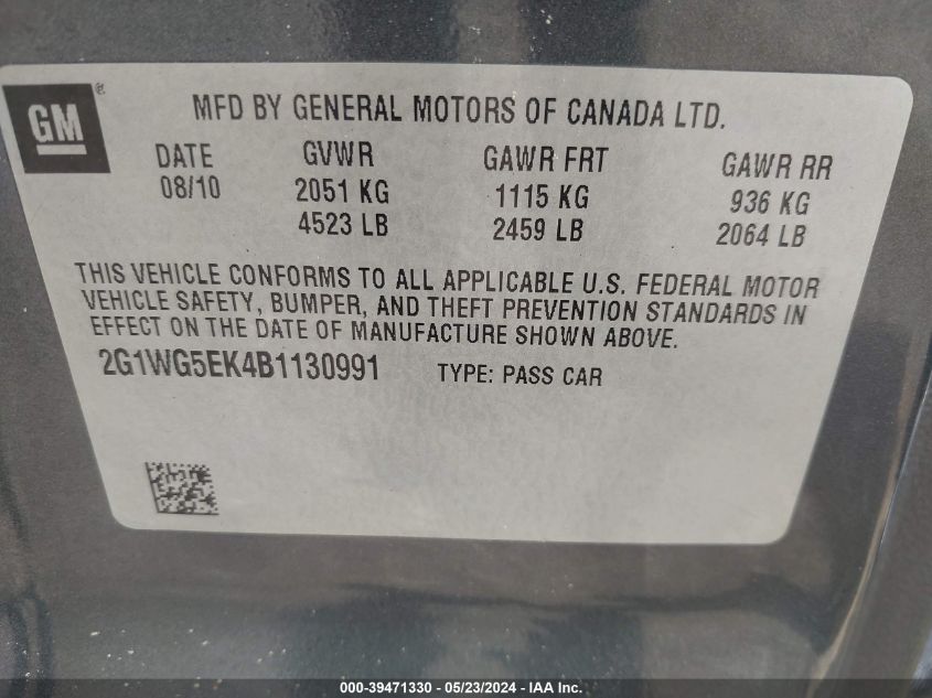 2011 Chevrolet Impala Lt VIN: 2G1WG5EK4B1130991 Lot: 39471330