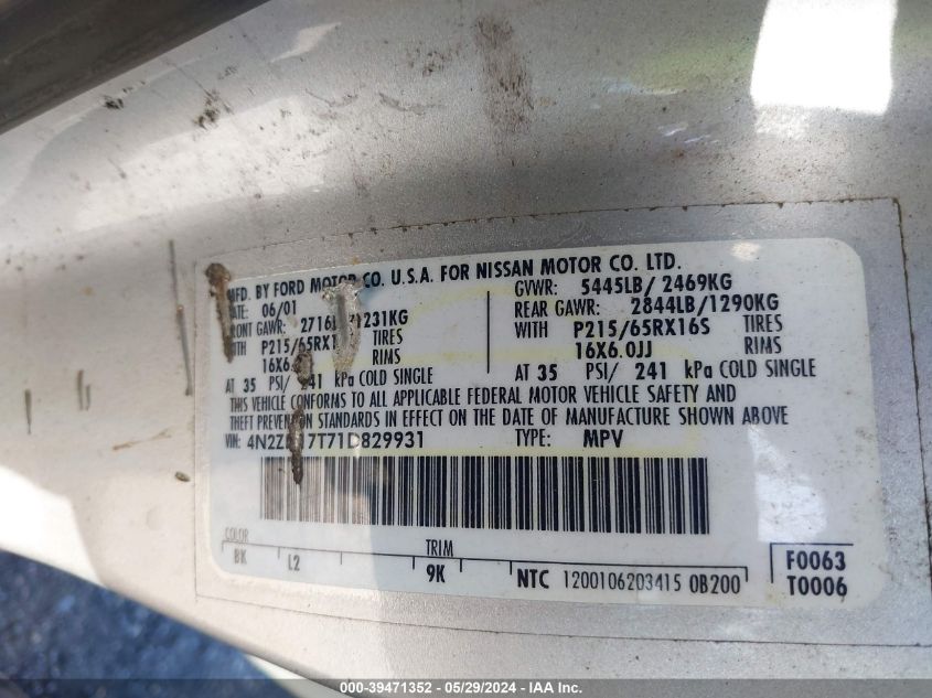 2001 Nissan Quest Gle VIN: 4N2ZN17T71D829931 Lot: 39471352