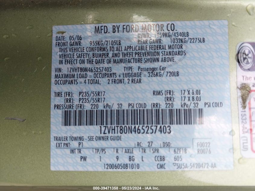 2006 Ford Mustang V6 VIN: 1ZVHT80N465257403 Lot: 39471358