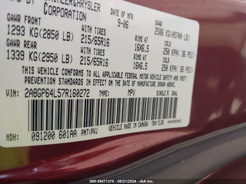 2007 Chrysler Town & Country Limited VIN: 2A8GP64L57R160272 Lot: 39471375