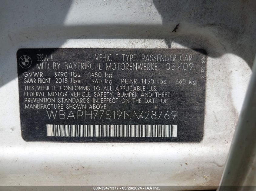 2009 BMW 328I VIN: WBAPH77519NM28769 Lot: 39471377