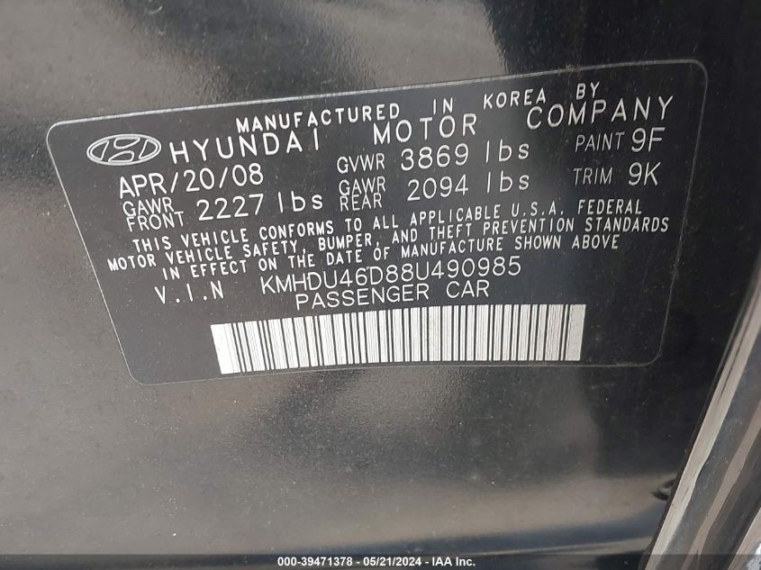 2008 Hyundai Elantra Gls/Se VIN: KMHDU46D88U490985 Lot: 39471378