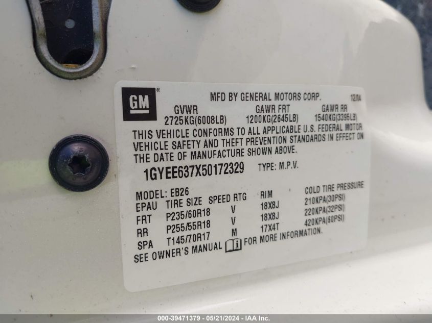 2005 Cadillac Srx V6 VIN: 1GYEE637X50172329 Lot: 39471379