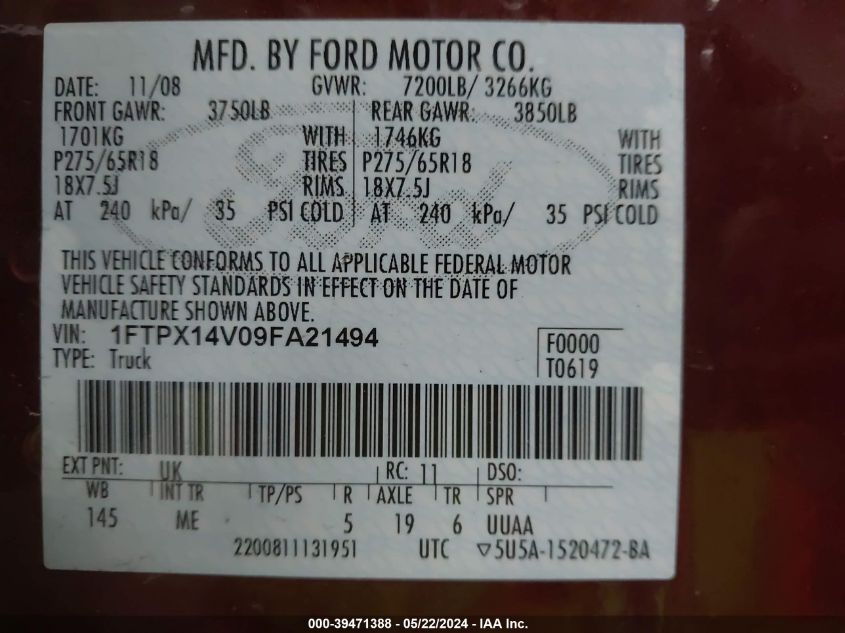 2009 Ford F-150 Fx4/Lariat/Xl/Xlt VIN: 1FTPX14V09FA21494 Lot: 39471388