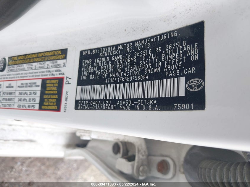 2014 Toyota Camry Se VIN: 4T1BF1FK5EU756084 Lot: 39471393