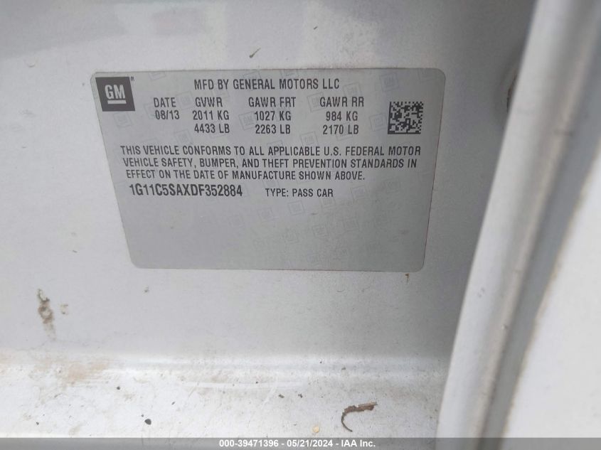 2013 Chevrolet Malibu 1Lt VIN: 1G11C5SAXDF352884 Lot: 39471396