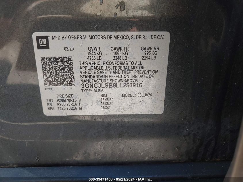 2020 Chevrolet Trax Fwd Lt VIN: 3GNCJLSB8LL253916 Lot: 39471408