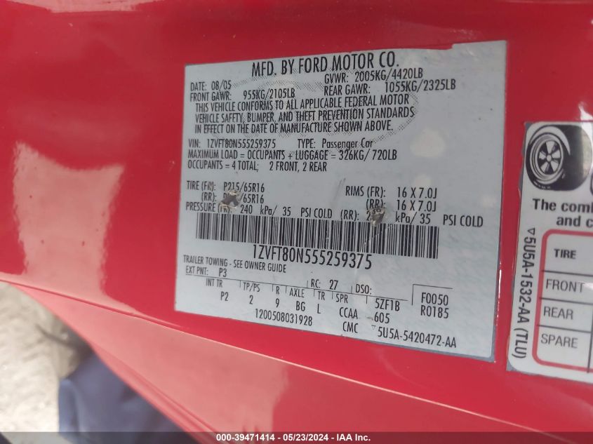 2005 Ford Mustang V6 Deluxe/V6 Premium VIN: 1ZVFT80N555259375 Lot: 39471414