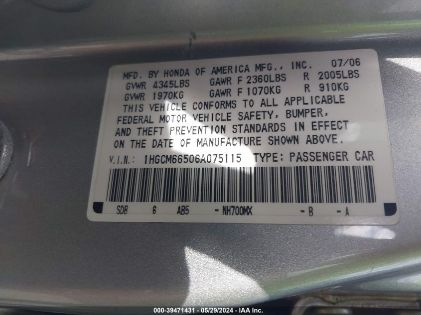 2006 Honda Accord 3.0 Ex VIN: 1HGCM66506A075115 Lot: 39471431