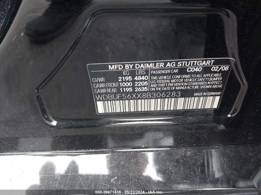 2008 Mercedes-Benz E 350 VIN: WDBUF56XX8B306283 Lot: 39471435