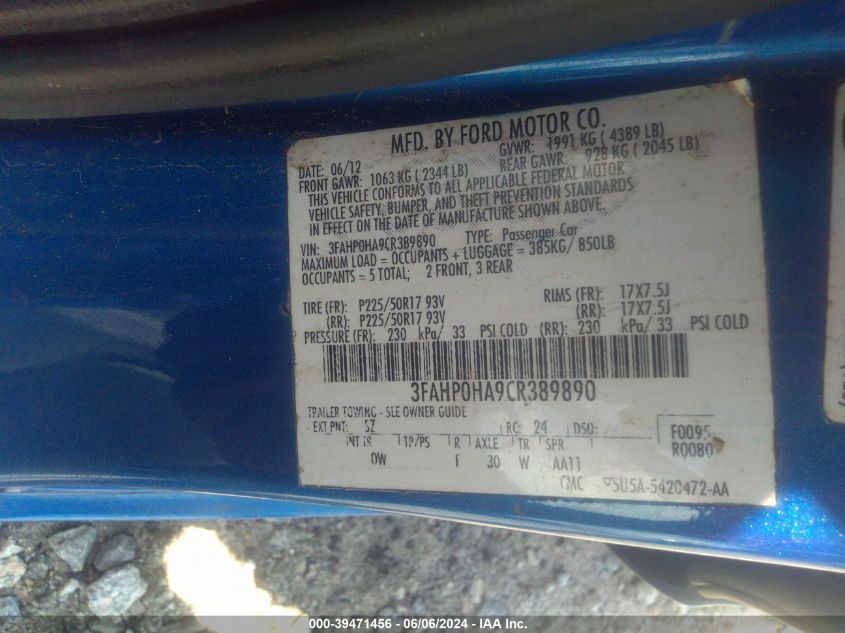 2012 Ford Fusion Se VIN: 3FAHP0HA9CR389890 Lot: 39471456