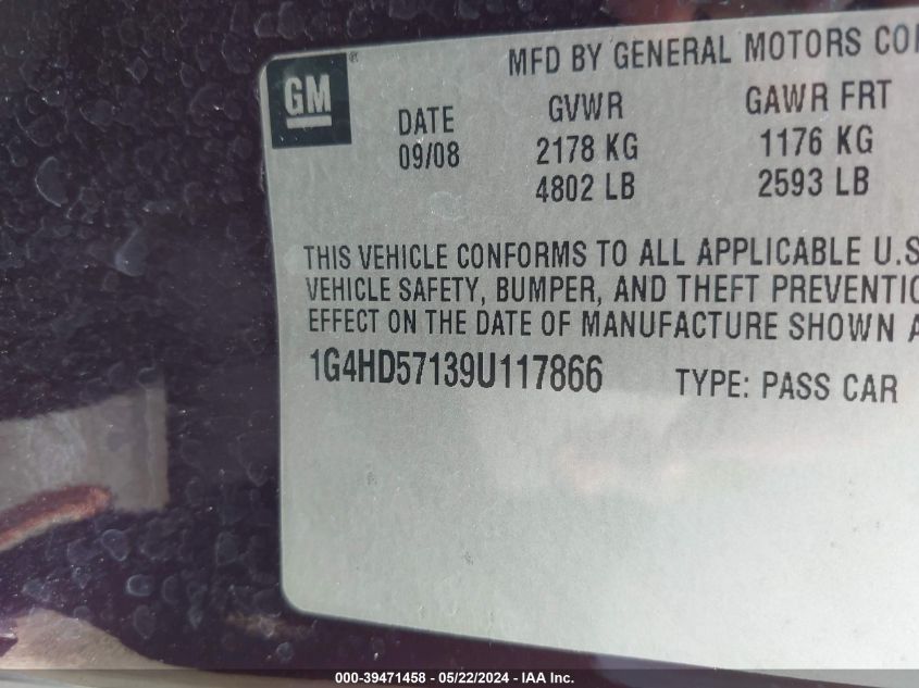2009 Buick Lucerne Cxl VIN: 1G4HD57139U117866 Lot: 39471458