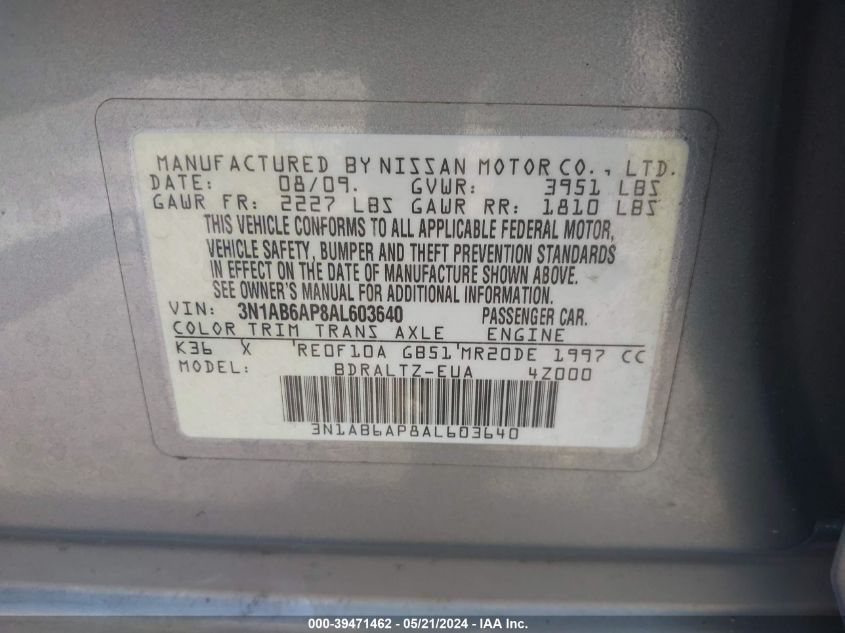 2010 Nissan Sentra 2.0S VIN: 3N1AB6AP8AL603640 Lot: 39471462