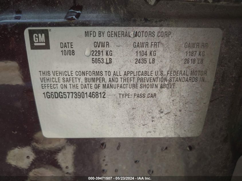 2009 Cadillac Cts Standard VIN: 1G6DG577390146812 Lot: 39471507