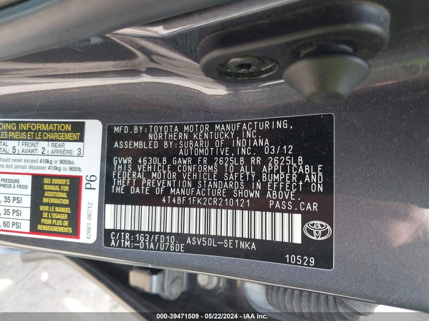 2012 Toyota Camry Le VIN: 4T4BF1FK2CR210121 Lot: 39471509