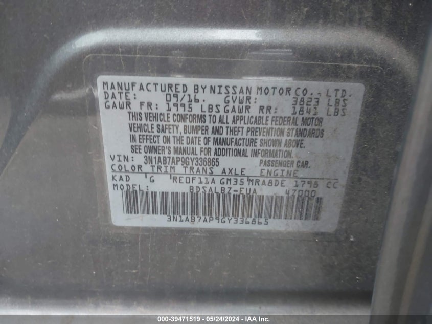 2016 Nissan Sentra S VIN: 3N1AB7AP9GY336865 Lot: 39471519