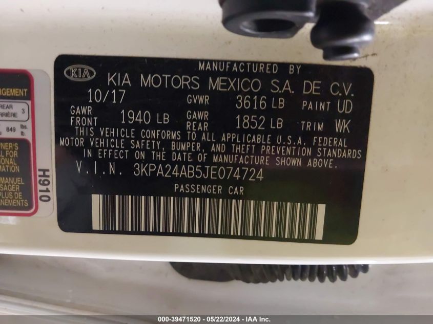 2018 Kia Rio S VIN: 3KPA24AB5JE074724 Lot: 39471520