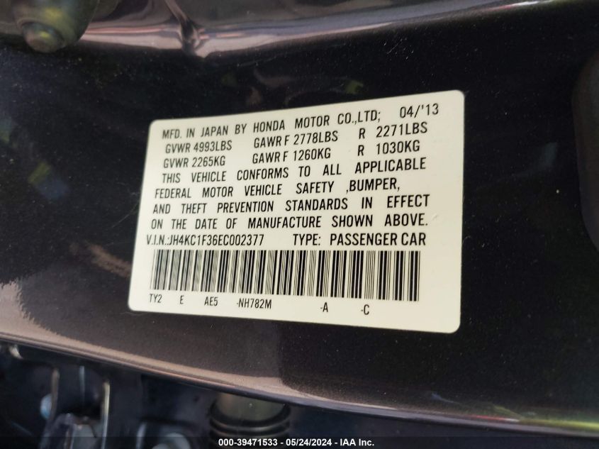 2014 Acura Rlx VIN: JH4KC1F36EC002377 Lot: 39471533