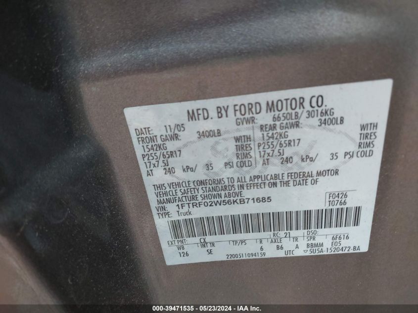 2006 Ford F-150 Stx/Xlt VIN: 1FTRF02W56KB71685 Lot: 39471535