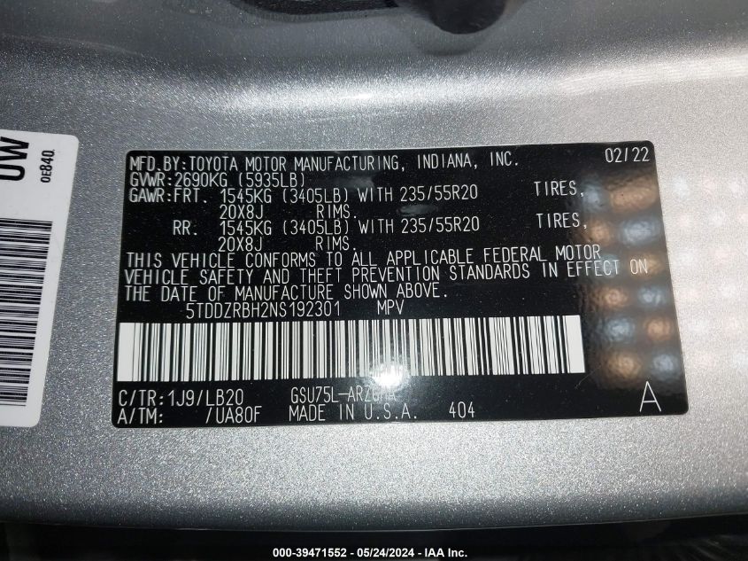 2022 Toyota Highlander Limited VIN: 5TDDZRBH2NS192301 Lot: 39471552