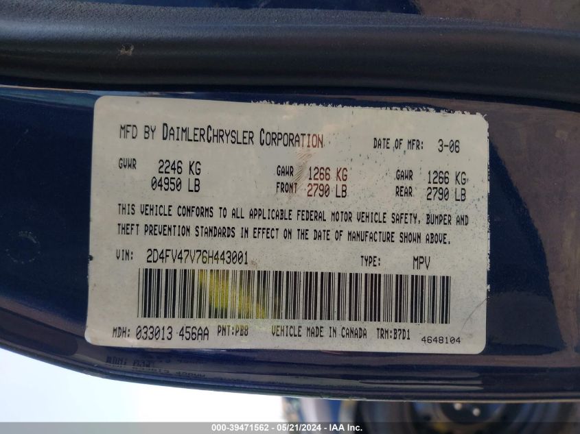 2006 Dodge Magnum VIN: 2D4FV47V96H479241 Lot: 39471562
