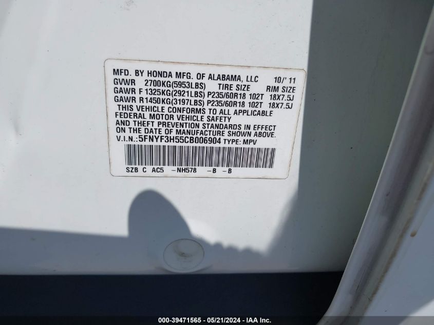 2012 Honda Pilot Ex-L VIN: 5FNYF3H55CB006904 Lot: 39471565