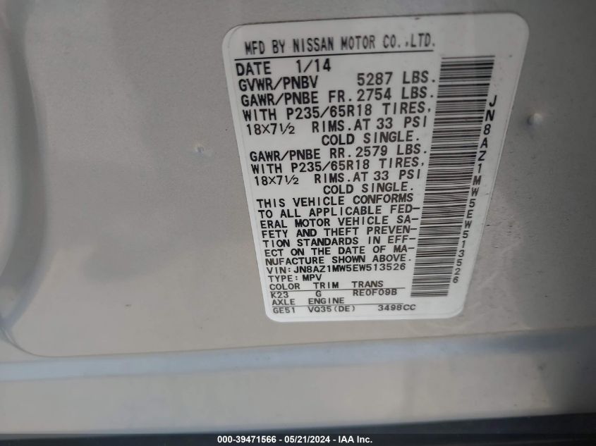 2014 Nissan Murano Le/S/Sl/Sv VIN: JN8AZ1MW5EW513526 Lot: 39471566