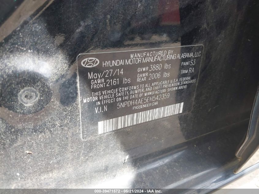 2014 Hyundai Elantra Se VIN: 5NPDH4AE5EH542359 Lot: 39471572