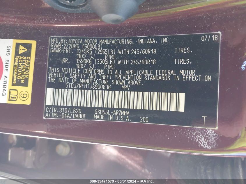 2018 Toyota Highlander Xle VIN: 5TDJZRFH1JS900836 Lot: 39471579