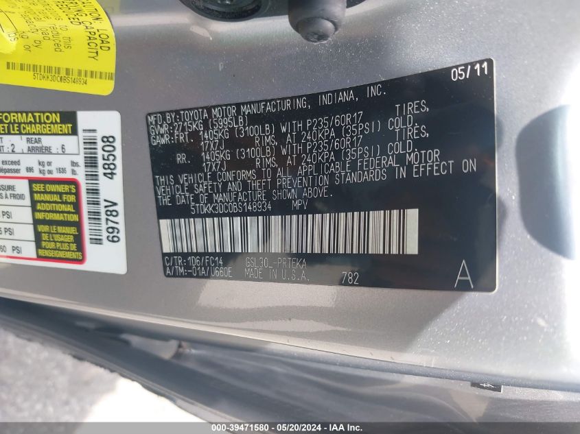 2011 Toyota Sienna Le V6 VIN: 5TDKK3DC0BS148934 Lot: 39471580