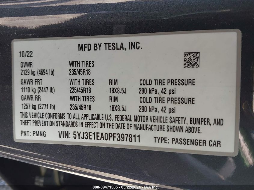 2023 TESLA MODEL 3 REAR-WHEEL DRIVE - 5YJ3E1EA0PF397811